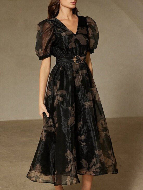 Multicolor Chic Women's Floral Print V-Neck Asymmetric Buckle Short Sleeve Dress - Picture 3 of 6